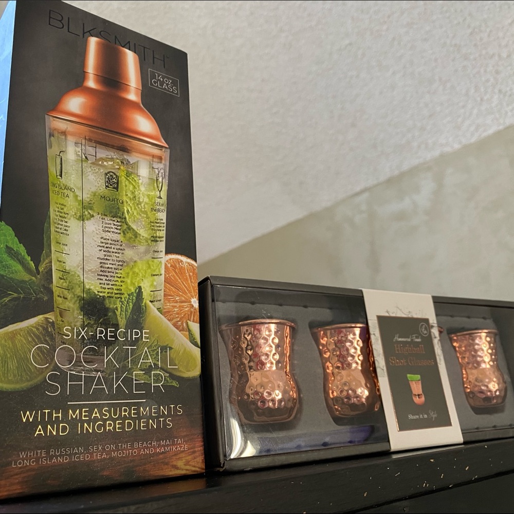 New in Box: Pair of Bar Items. Cocktail Shaker and Moscow Mule Shot Glasses